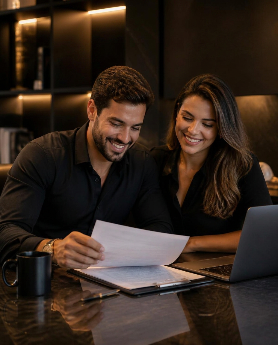 Casal aliviado revisando contrato de renegociação de dívida